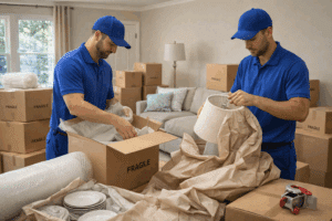 Professional movers carefully packing fragile household items inside a bright living room during a local move