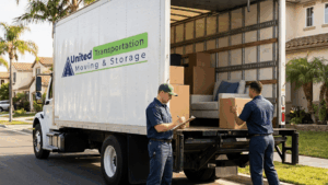 Professional movers loading a United Transportation Moving & Storage truck during a family move from Malibu to Honolulu