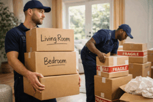 Professional movers carrying and organizing labeled boxes inside a home during a residential move.