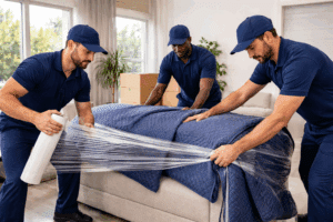 Professional movers wrapping a sofa with protective blankets and plastic wrap during a home relocation