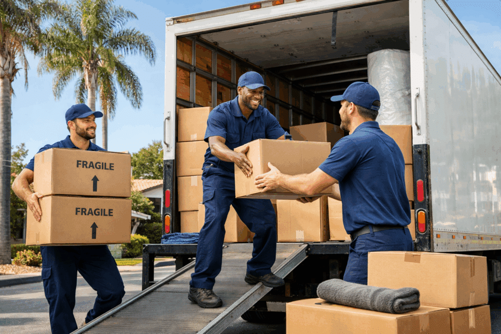Full service movers unloading boxes from a moving truck in a residential area in California